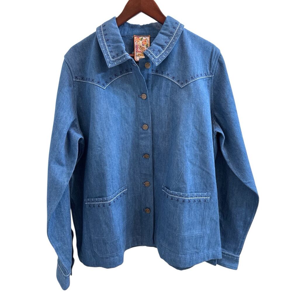 Johnny Was Shirley Western Worker Jacket Light Blue Denim Size XL